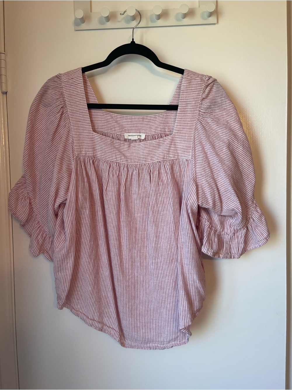 beachlunchlounge Pink & White Striped Square-Neck Puff Sleeve Top